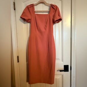 EUC ANTONIO MELANI Coral Midi Dress with Puff Sleeves